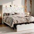 SHA CERLIN King Size Bed Frame with Storage Drawer & LED Lights, White