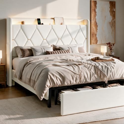SHA CERLIN King Size Bed Frame with Storage Drawer & LED Lights, White