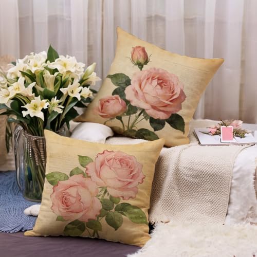 7COLORROOM Decorative Romantic Rose Flower Pillow Cover Vintage Shabby Chic Peach Pink Rose Floral Cushion Cover Square Cotton Linen Pillowcase for Sofa Bedroom Car 20x20 Inch Set of 2