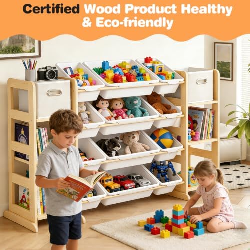 Extra Large Toy Storage Organizer for Kids - 3-in-1 Wooden Bookshelf with 6 Shelves, 12 Bins + Free 2 Storage Boxes, Anti-Tip for Playroom/Nursery