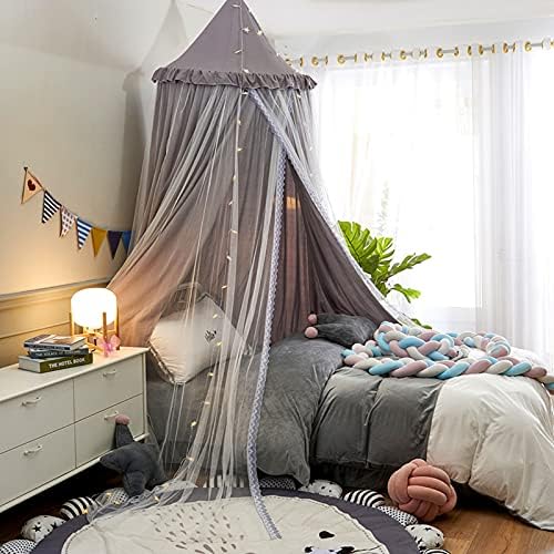 VETHIN Bed Canopy Double Layer Princess Round Dome Dreamy Mosquito Net Bedding Girls Room Castle Play Tent Hanging House Decor Reading Nook Canopies(Gray/White)