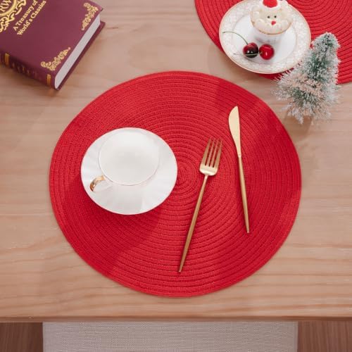 SHACOS Red Round Braided Placemats Set of 8 Washable Fabric Place Mats