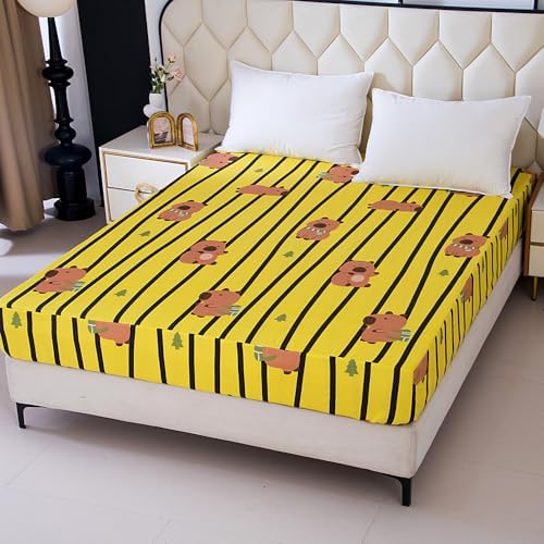 Bedding Fitted Sheet with Deep Pocket,Cute Capibara Printed Fabric Bed Sheets for Boys Girls Single Bed (Yellow Striped,Twin)