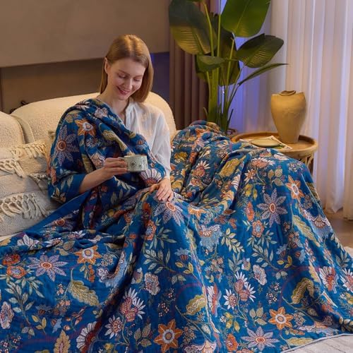 XIBLC Fall Throw Blanket for Couch, Blue Boho Decorative Throw Blanket, 100% Cotton Muslin Breathable Woven Farmhouse Blankets Quilt, 90"x98" Reversible Lightweight Blankets Bohemian Throw Quilt