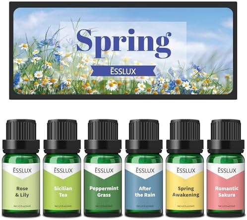 Spring Fragrance Oils, ESSLUX Premium Scented Oils for Home Diffuser, Soap Candle Making Scents, Refreshing Aromatherapy Essential Oil Gift Set, Rose & Lily, Peppermint Grass and More