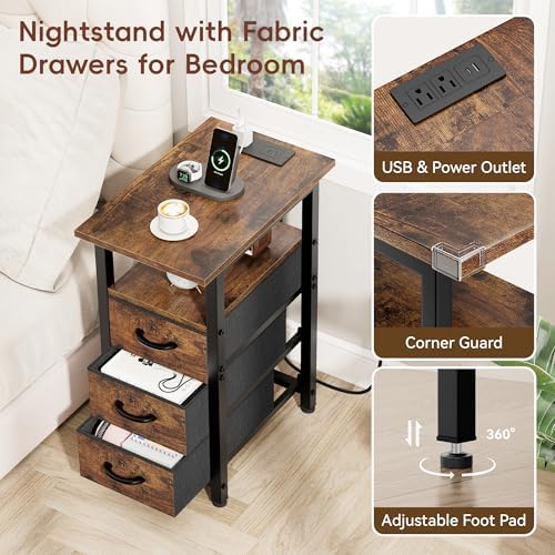 Vagusicc Nightstand with Charging Station and LED Lights, Narrow End Table, LED Night Stand with 3 Fabric Drawers for Bedroom, Small Bedside Table, Narrow Side Table for Small Spaces, Rustic Brown
