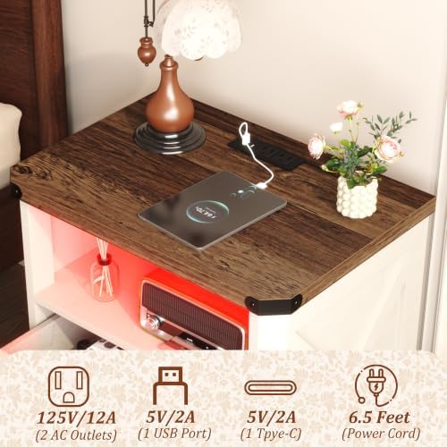 Yusong 23.62" Tall Night Stand, LED Nightstand with Charging Station, Modern Night Stand, Wood Sofa Couch End Side Table with 2 Pull-Out Shelf, White