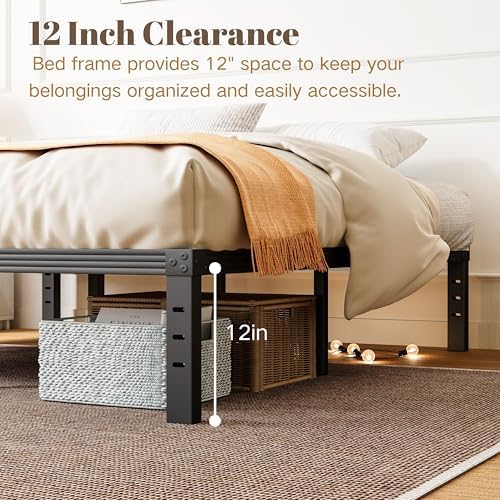 Twin XL Bed Frames with Heavy Duty Steel Slat, 14 Inches Platform Bed Frame, Non-Slip Design, No Box Spring Needed, Easy Assembly, Quiet Noise Free, Under Bed Storage Space, Black
