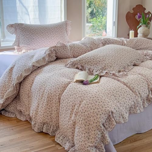 BuLuTu Purple Floral Duvet Cover Twin, 100% Cotton Muslin Comforter Cover for Kids Toddler Girls, Shabby Chic Princess Bedding Ruffled Quilt Cover with 2 Pillow Cases, Soft Lightweight