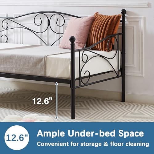 VECELO Daybed Frame, Twin Size Metal Platform Sofa Bed Mattress Foundation with Headboard, Heavy-Duty Steel Slat Support for Bedroom Living/Guest Room, Easy Assembly, Black