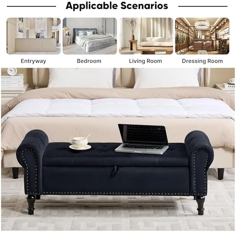 Storage Bench for Bedroom, 51" Upholstered End of Bed Bench, Velvet Queen Size Benches with Rolled Arms, Tufted Button Storage Long Ottoman, Living Room, Entryway, Black