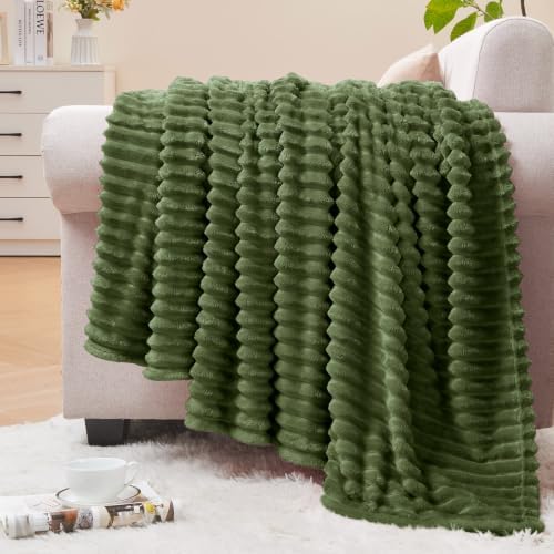 BEDELITE Ribbed Moss Olive Green Fleece Throw Blanket for Couch, 50x60 Inch