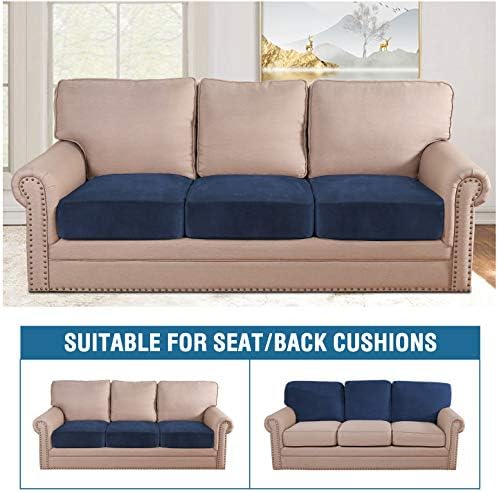 H.VERSAILTEX Velvet Stretch Couch Cushion Cover Plush Cushion Slipcover for Chair Loveseat Sofa Cushion Furniture Protector Seat Cushion Sofa Cover (3 Piece XL Sofa Cushion Covers, Navy)