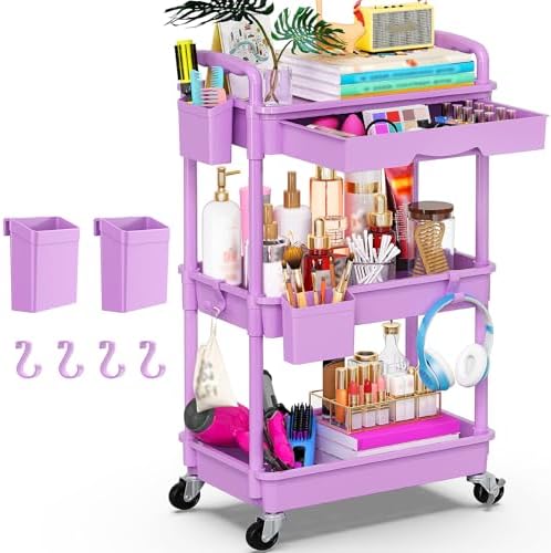 Goovilla 3 Tier Rolling Utility Cart Organizer with Removable Drawer,Purple