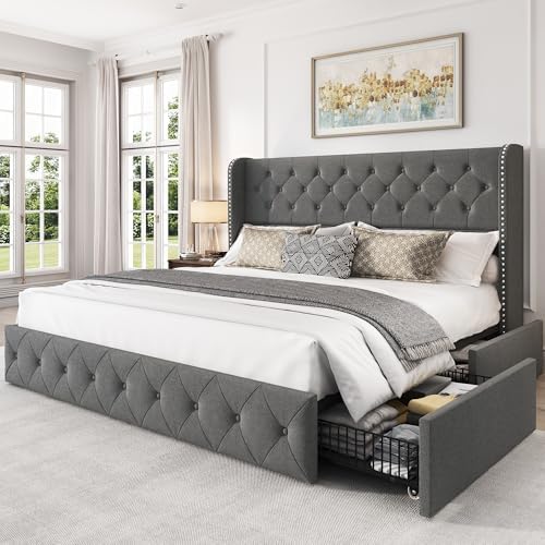 LARMACE Upholstered King Size Bed Frame with 4 Storage Drawers and 47.2" Tall Wingback Headboard Tufted Platform Bed Frame Linen Beds with Wooden Slats Support, Easy Assembly, Light Grey