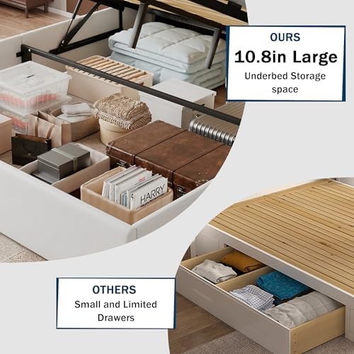 GalnFu Full Size Bed Frame with Storage, Upholstered Full Lift up Storage Bed Frame with Charging Station, Button Tufted Headboard, No Box Spring Needed, Easy Assembly, Noise Free, White