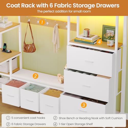 DICTAC Twin Loft Bed with 6 Storage Drawers,Coat Rack and Open Shelves Metal Twin Size Loft Bed with Desk,Charging Station and LED Light,loft beds with Large Pegboard,Stairs and Safety Guardrail,White