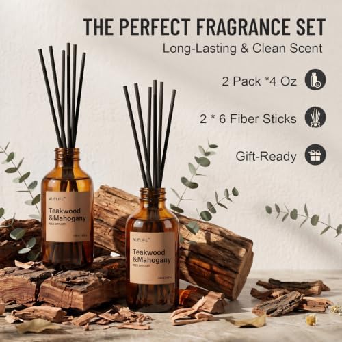 Auelife Reed Diffuser Set, Teakwood & Mahogany Scent Diffuser 2 Pack 8Fl Oz