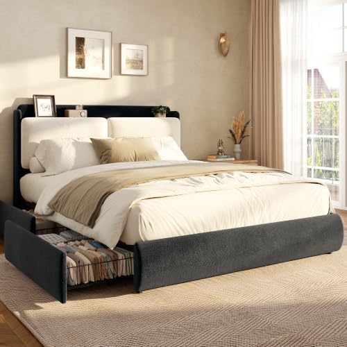 Garvee Full Upholstered Bed Frame with Recessed Shelf- Black & Beige