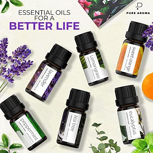 Pure Aroma Essential Oils Aromatherapy Set - 6 x 10ML Oils for Diffusers, Home Care, Candle Making Scents, Fragrance, Humidifiers, Gifts - Peppermint, Tea Tree, Lavender, Eucalyptus, Orange