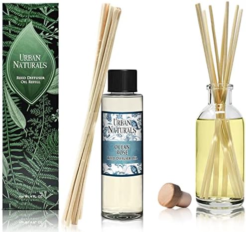 Urban Naturals Reed Diffuser Oil Refill, Ocean Rose Diffuser Oils with Rose, Lemongrass, Basil, 4 oz + Free Reed Sticks, Made in the USA