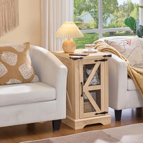Joaxswe Narrow Night Stand Set 2 with Charger Station, Glass Barn Door