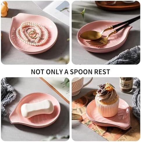 Ceramic Spoon Rest for Stove Top, 5 inch Gold Trim Spoon Holder for Kitchen Counter, Farmhouse Cooking Utensil Holder for Spoons, Ladles, Spatula, Glazed Pink