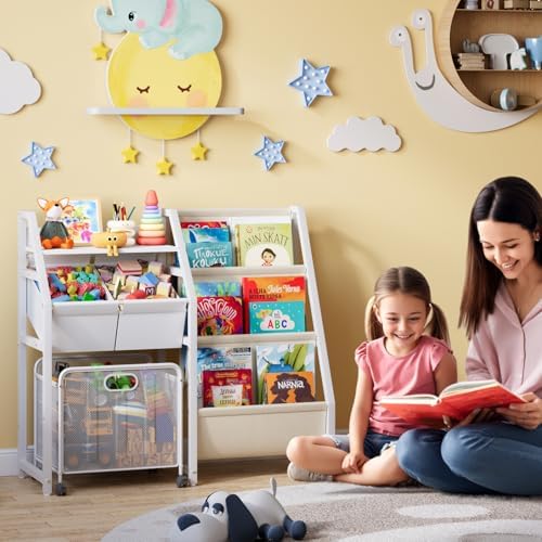 LATIBELL Kids Bookshelf Toy Storage Organizer & 2 Bins，3 Tier White