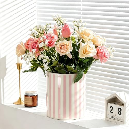 Kitchen Utensil Holder,7.2-inch Extra Large Ceramic Stripes Pattern Utensil Crock,Cooking Utensil Organizer for Kitchen Counter Decor,Storage Caddy Farmhouse Gift Pink