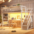 Twin Size Metal Loft Bed Frame with Storage Staircase & Built-in Desk & Wardrobe, Loft Bed with Pegboard & Mesh Storage Baskets & Slats, No Box Spring Required, Easy Assembly, for Bedroom, White