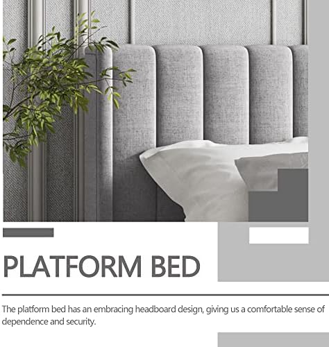 Queen Size Bed Frame with Linen Upholstered Headboard, Light Gray