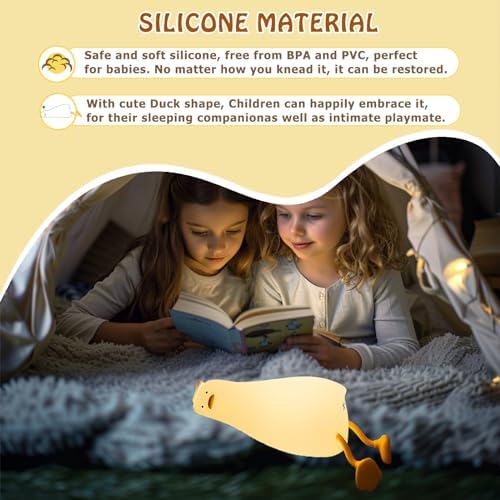 Duck Night Light LED, Lying Flat Silicone Duck Lamp, 3-Level Dimmable Cute Night Light, Rechargeable Touch Bedside Lamp, Nursery Baby Kids Room Decor, Breastfeeding Toddler Light