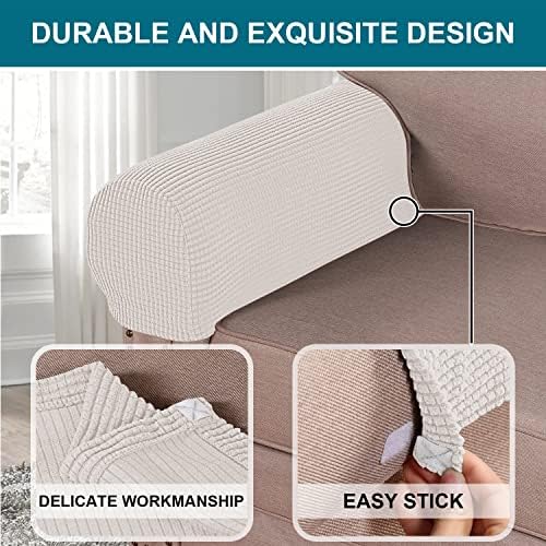 Turquoize Stretch Armrest Covers for Chairs and Sofas Couch Arm Covers for Sofa Spandex Jacquard Armrest Cover Anti-Slip Furniture Protector Armchair Slipcovers for Recliner Set of 4, Ivory White