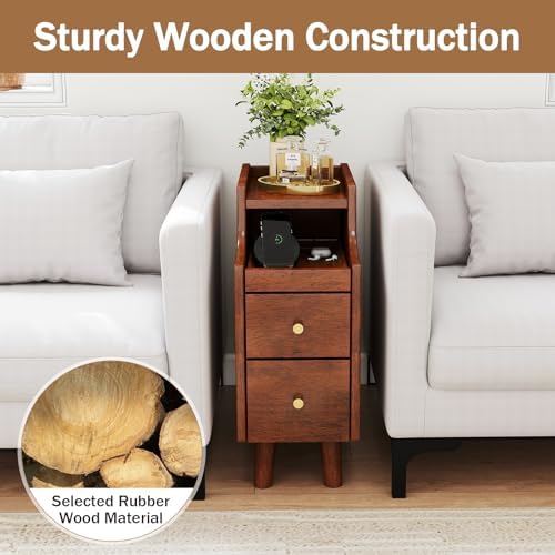 KOMFOTT Narrow Nightstand with Drawers, Solid Wood Bedside Table with Pull-Out Tray & 2 Storage Drawers, Slim Sofa End Table with Cable Management for Small Spaces, Bedroom (Brown)