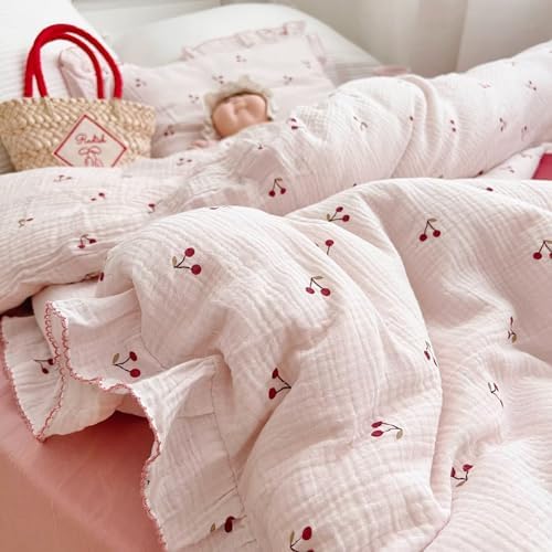 Muslin Cotton Duvet Cover with Ruffles, Cherry Print, No Pillow