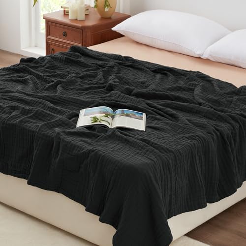 Love's cabin 100% Cotton Muslin Blanket Queen Size for Bed, Black
