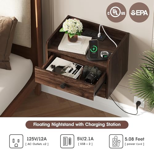 Floating Nightstand Set of 2 with 2 Storage Drawers and Charging Station