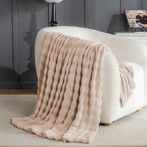 Brown Faux Fur Throw Blanket for Couch, Soft Fluffy Bubble Blanket for Bed Sofa, Thick Warm Plush Fuzzy Rabbit Fur Blanket for Neutral Home Decor, 50"X 60"