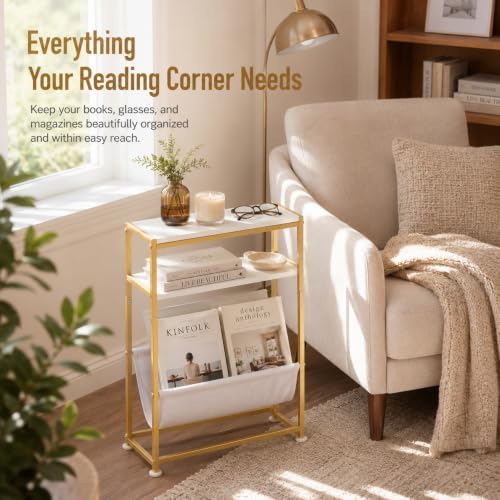 Narrow End Table for Small Spaces - Slim Side Table with Magazine Holder,2 in 1 Design Narrow Coffee Table Living Room,Skinny Bedroom Nightstand Thin Side Magazine Table (White+Gold)