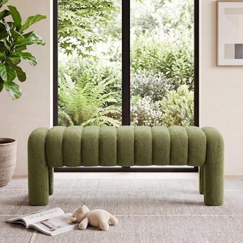 43.3" Boucle Bed Bench for Bedroom, Upholstered Linen Bench, Green