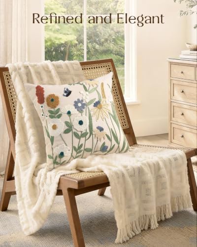 Embroidered Floral Throw Pillow Cover 18x18 Inch, Cottage Flower