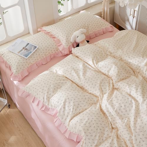 Romantic Pink Floral Duvet Cover Set Queen, 100% Cotton Ruffle Lace Bedding Set, Coquette Botanical Flower Comforter Cover with 2 Pillowcases, Soft Aesthetic Princess Bedding for Women Teen Girls