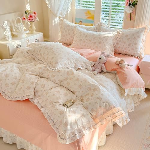 HighBuy Vintage Floral Cotton Duvet Cover Twin XL,Ruffle Lace Pink Floral Bedding Set for Girl College,Princess Ruffled Comforter Cover with Zipper,Breathable,3 Piece,All Season