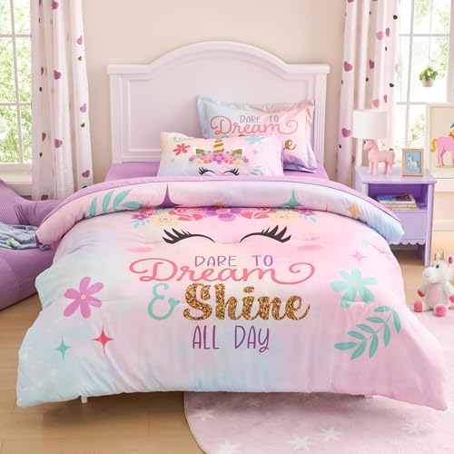Joiedomi Kids Comforter Set Bedding Set for Boys Girls Super Soft Microfiber Bed in a Bag with Comforter Sheets Pillowcase Sham, Pink Purple Unicorn, Twin