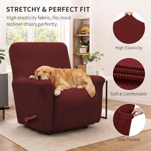 KEKUOU Recliner Chair Covers, 1-Piece Lazy Boy Recliner Covers,Dark Red