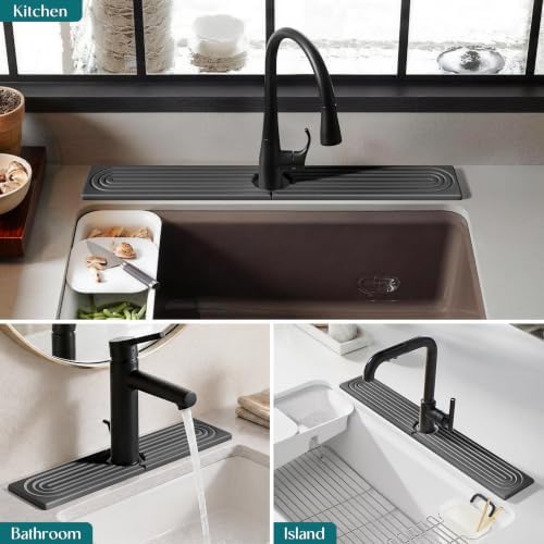 eormoe Faucet Mat for Kitchen Sink - Wider Diatomite Fast Drying Stone Sink Tray, Super Absorbent, Prevents Moisture Buildup - Faucet Splash Guard for Bathroom Counter (Dark Grey, 15x5.3inch)