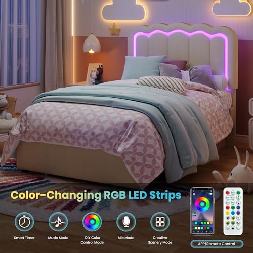 SHA CERLIN Twin Size Bed Frame with LED Lights and Storage Drawer, Cream