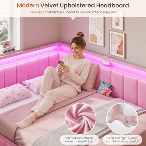 DICTAC Full Corner Bed Frame with 2 Storage Drawers and Charging Station Full Size Velvet Platform Bed Frame for Girls with Led Lights and Upholstered Guardrail,Full Size Daybed for Teen &Adult,Pink