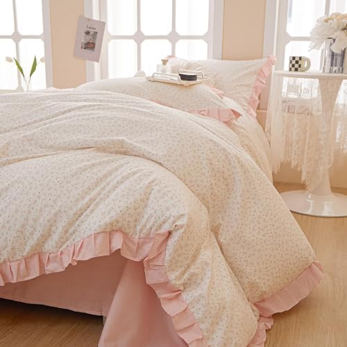 Pink Ruffle Duvet Cover Set 100% Cotton Queen(90"x90"),Pink Flower