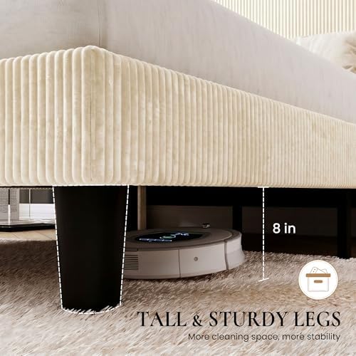 SHA CERLIN Queen Corduroy Platform Bed with Tufted Wingback Headboard/Cream